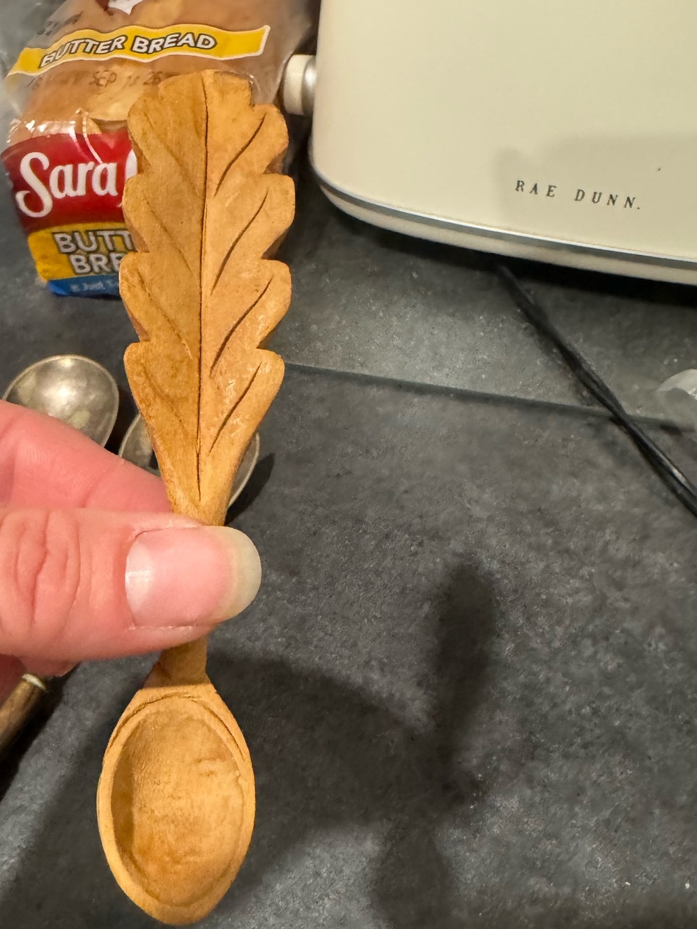 Source Unknown Hand-Carved Oak Leaf Wooden Spoon - Tan Brown